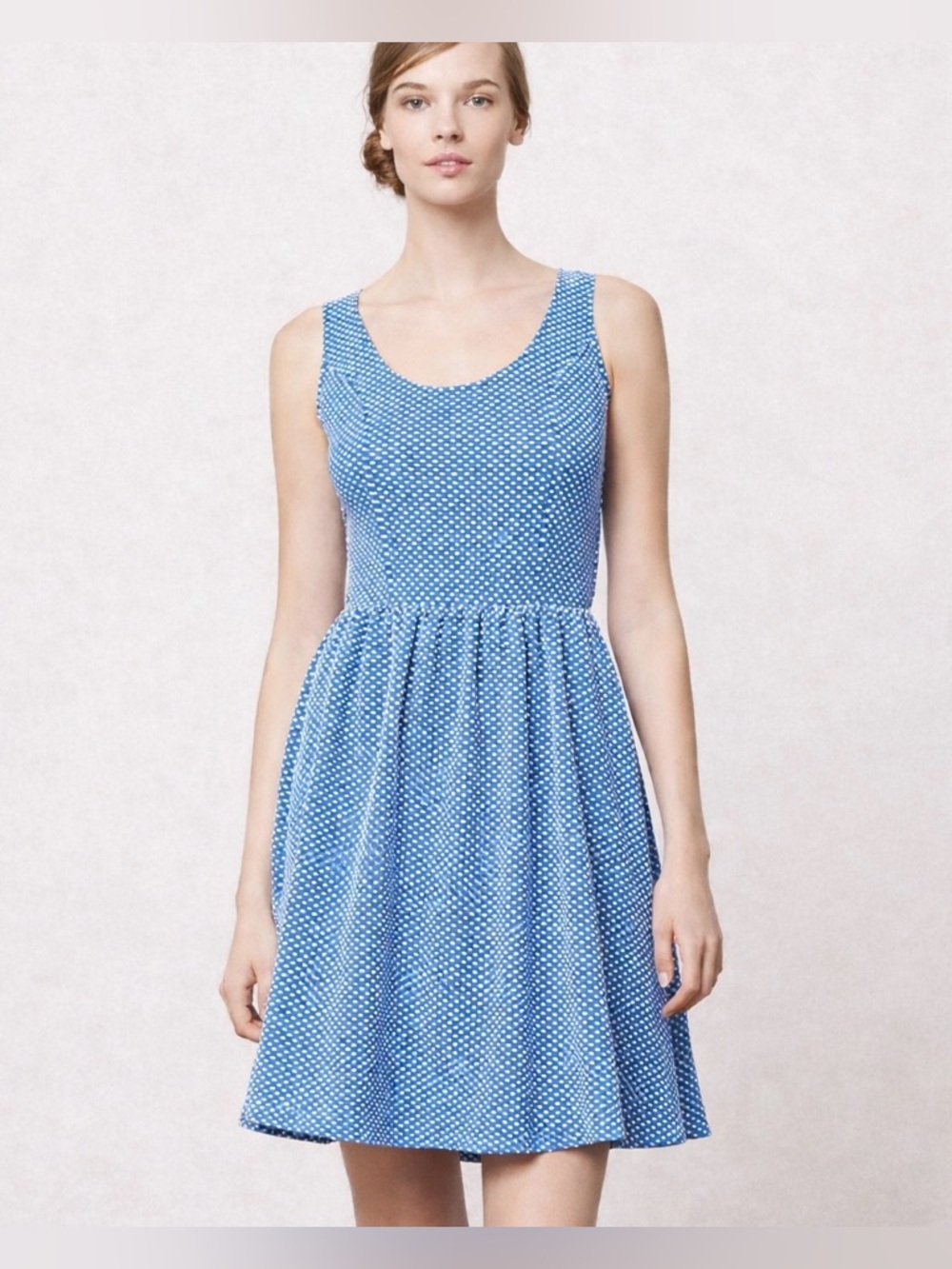 Maeve Anthro Blue White Polka Dot Textured Fit & Flare Dress XS tradwife